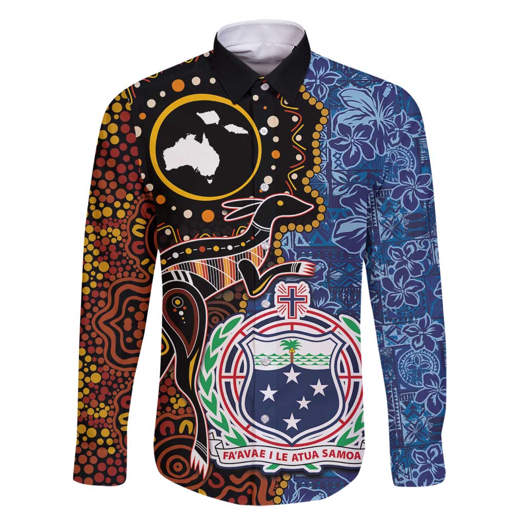 Samoa and Australia Together Family Matching Long Sleeve Bodycon Dress and Hawaiian Shirt Kangaroo and Tribal Hibiscus Aboriginal Pattern LT03 Dad's Shirt - Long Sleeve Blue - Polynesian Pride