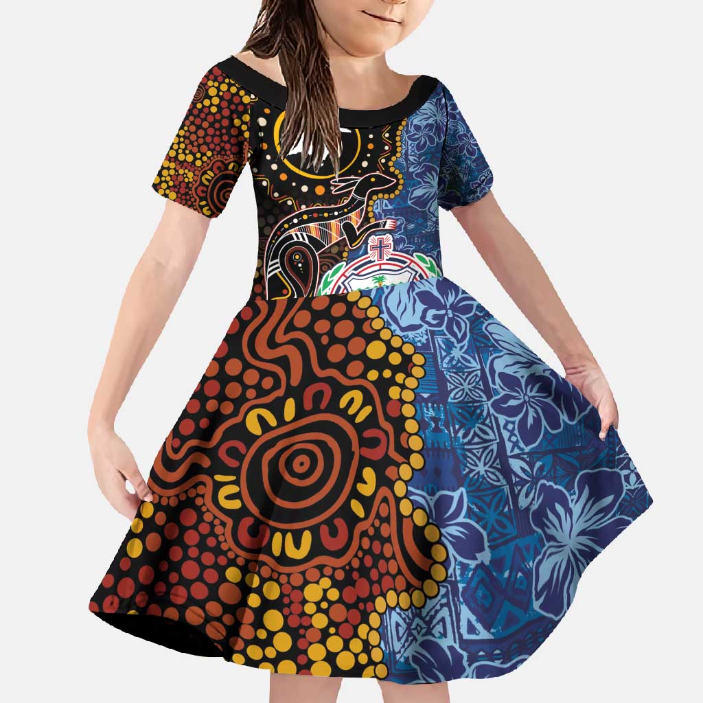 Samoa and Australia Together Family Matching Mermaid Dress and Hawaiian Shirt Kangaroo and Tribal Hibiscus Aboriginal Pattern LT03 Daughter's Dress Blue - Polynesian Pride