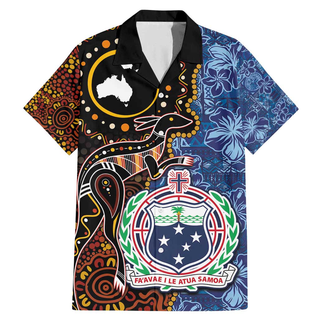 Samoa and Australia Together Family Matching Mermaid Dress and Hawaiian Shirt Kangaroo and Tribal Hibiscus Aboriginal Pattern LT03 Dad's Shirt - Short Sleeve Blue - Polynesian Pride