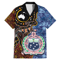 Samoa and Australia Together Family Matching Mermaid Dress and Hawaiian Shirt Kangaroo and Tribal Hibiscus Aboriginal Pattern LT03 Dad's Shirt - Short Sleeve Blue - Polynesian Pride