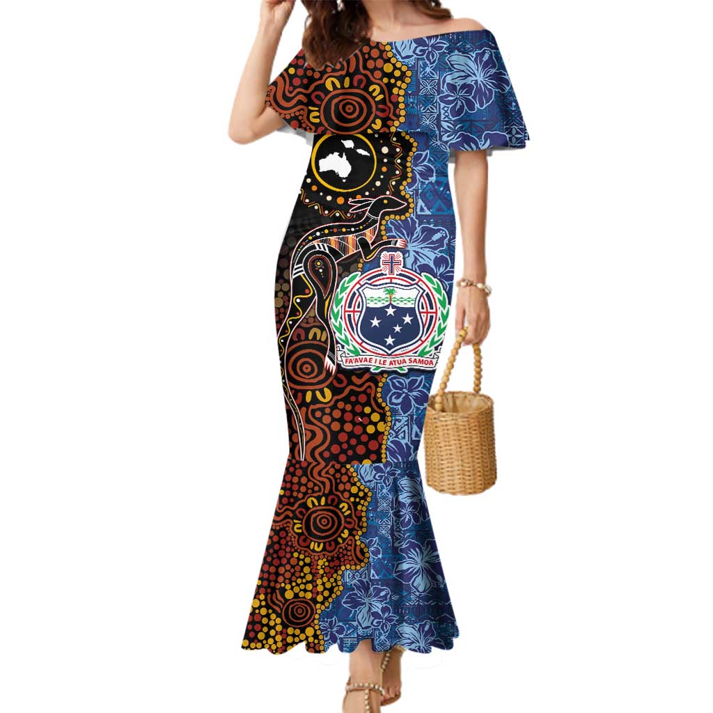 Samoa and Australia Together Family Matching Mermaid Dress and Hawaiian Shirt Kangaroo and Tribal Hibiscus Aboriginal Pattern LT03 Mom's Dress Blue - Polynesian Pride