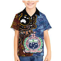 Samoa and Australia Together Family Matching Mermaid Dress and Hawaiian Shirt Kangaroo and Tribal Hibiscus Aboriginal Pattern LT03 Son's Shirt Blue - Polynesian Pride