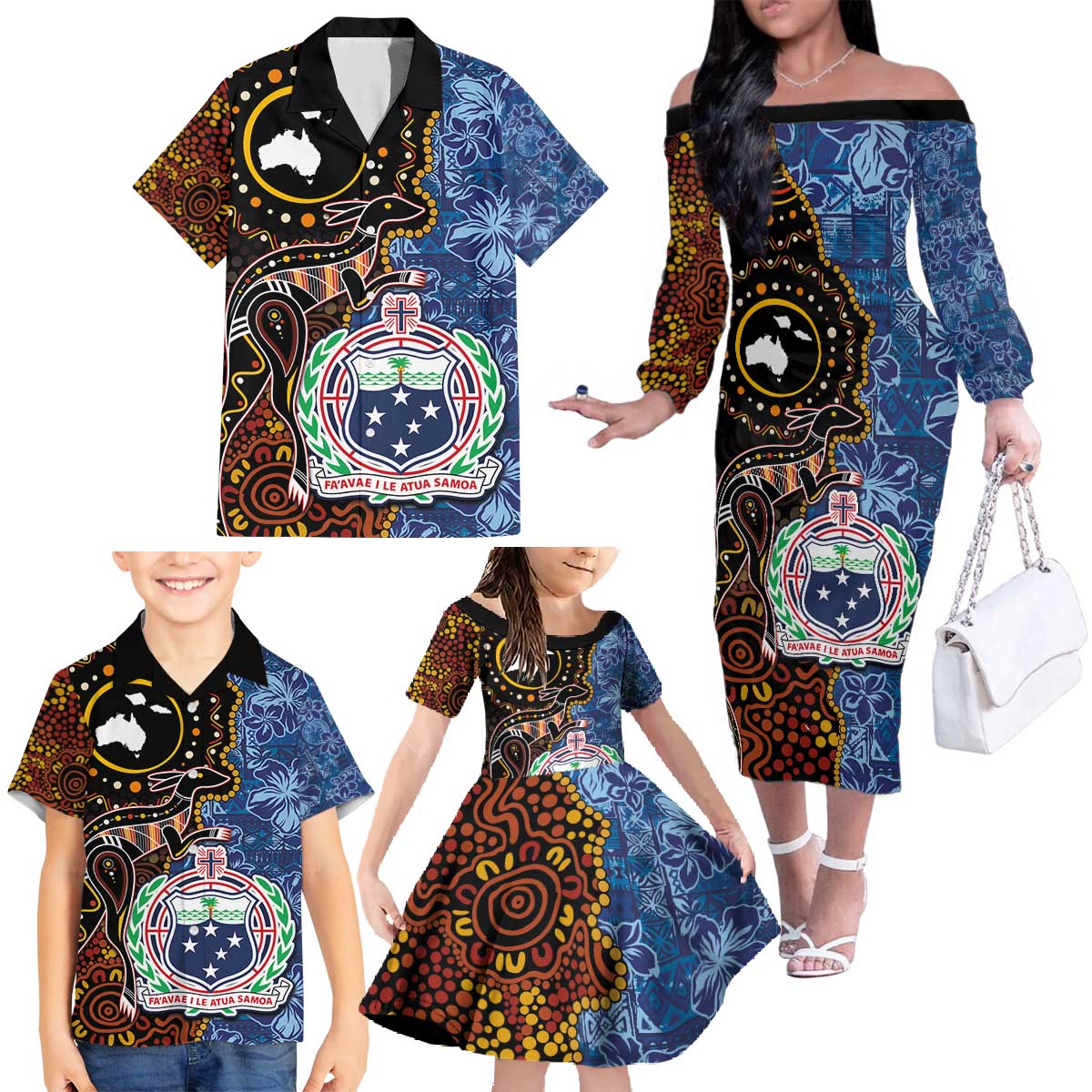 Samoa and Australia Together Family Matching Off The Shoulder Long Sleeve Dress and Hawaiian Shirt Kangaroo and Tribal Hibiscus Aboriginal Pattern LT03 - Polynesian Pride