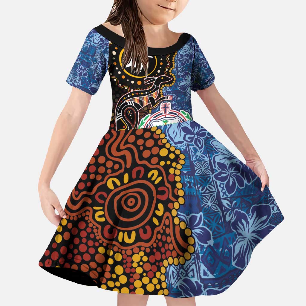 Samoa and Australia Together Family Matching Off Shoulder Maxi Dress and Hawaiian Shirt Kangaroo and Tribal Hibiscus Aboriginal Pattern LT03 Daughter's Dress Blue - Polynesian Pride