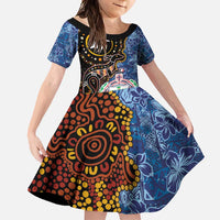 Samoa and Australia Together Family Matching Off Shoulder Maxi Dress and Hawaiian Shirt Kangaroo and Tribal Hibiscus Aboriginal Pattern LT03 Daughter's Dress Blue - Polynesian Pride
