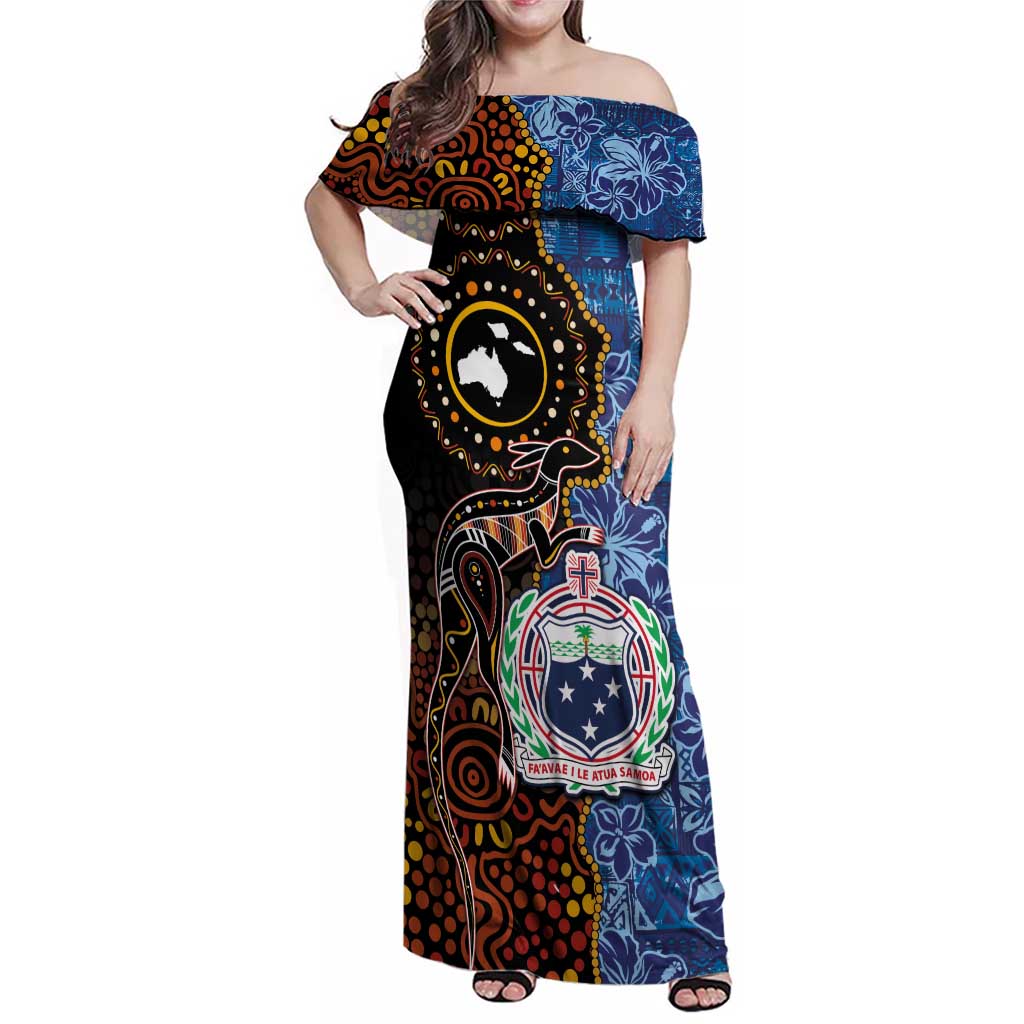 Samoa and Australia Together Family Matching Off Shoulder Maxi Dress and Hawaiian Shirt Kangaroo and Tribal Hibiscus Aboriginal Pattern LT03 Mom's Dress Blue - Polynesian Pride