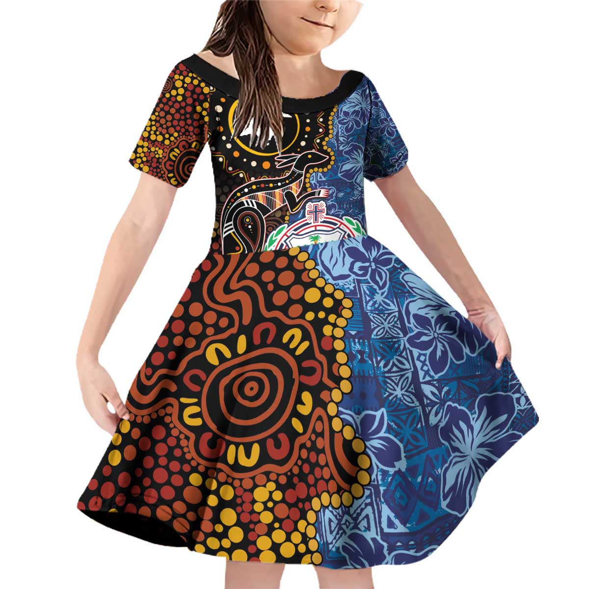 Samoa and Australia Together Family Matching Off Shoulder Short Dress and Hawaiian Shirt Kangaroo and Tribal Hibiscus Aboriginal Pattern LT03 Daughter's Dress Blue - Polynesian Pride