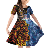 Samoa and Australia Together Family Matching Off Shoulder Short Dress and Hawaiian Shirt Kangaroo and Tribal Hibiscus Aboriginal Pattern LT03 Daughter's Dress Blue - Polynesian Pride