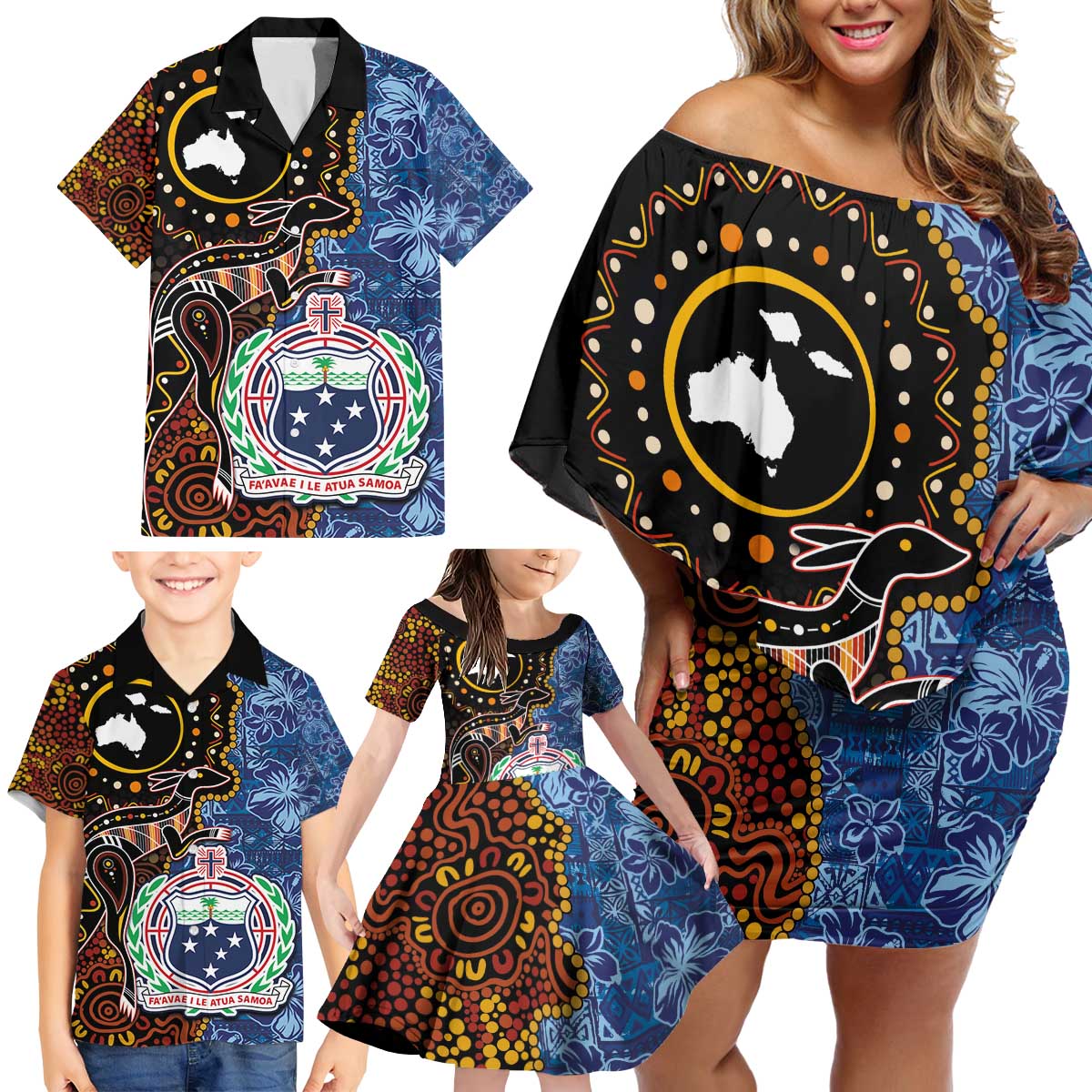 Samoa and Australia Together Family Matching Off Shoulder Short Dress and Hawaiian Shirt Kangaroo and Tribal Hibiscus Aboriginal Pattern LT03 - Polynesian Pride