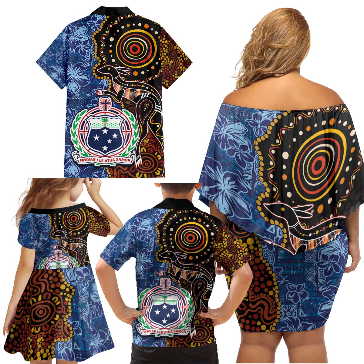 Samoa and Australia Together Family Matching Off Shoulder Short Dress and Hawaiian Shirt Kangaroo and Tribal Hibiscus Aboriginal Pattern LT03 - Polynesian Pride