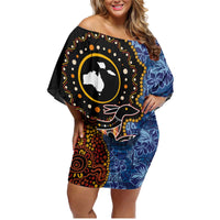 Samoa and Australia Together Family Matching Off Shoulder Short Dress and Hawaiian Shirt Kangaroo and Tribal Hibiscus Aboriginal Pattern LT03 Mom's Dress Blue - Polynesian Pride