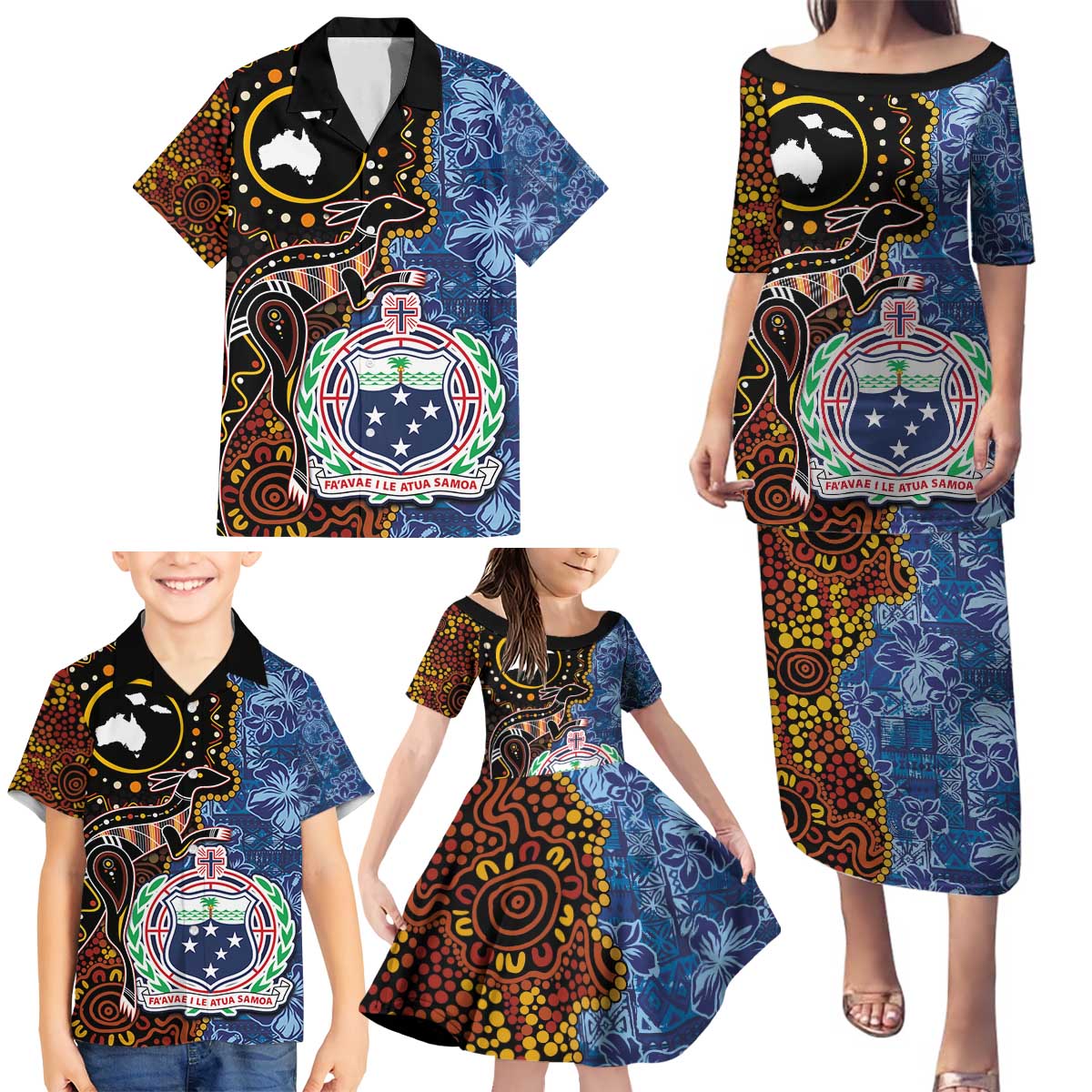 Samoa and Australia Together Family Matching Puletasi and Hawaiian Shirt Kangaroo and Tribal Hibiscus Aboriginal Pattern LT03 - Polynesian Pride