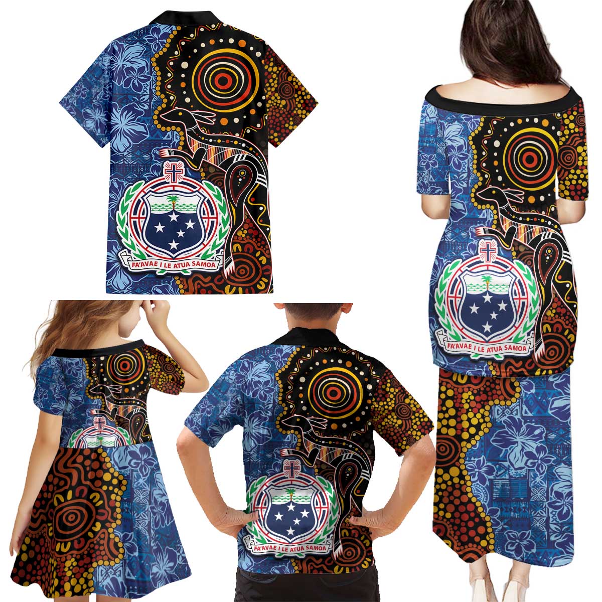 Samoa and Australia Together Family Matching Puletasi and Hawaiian Shirt Kangaroo and Tribal Hibiscus Aboriginal Pattern LT03 - Polynesian Pride
