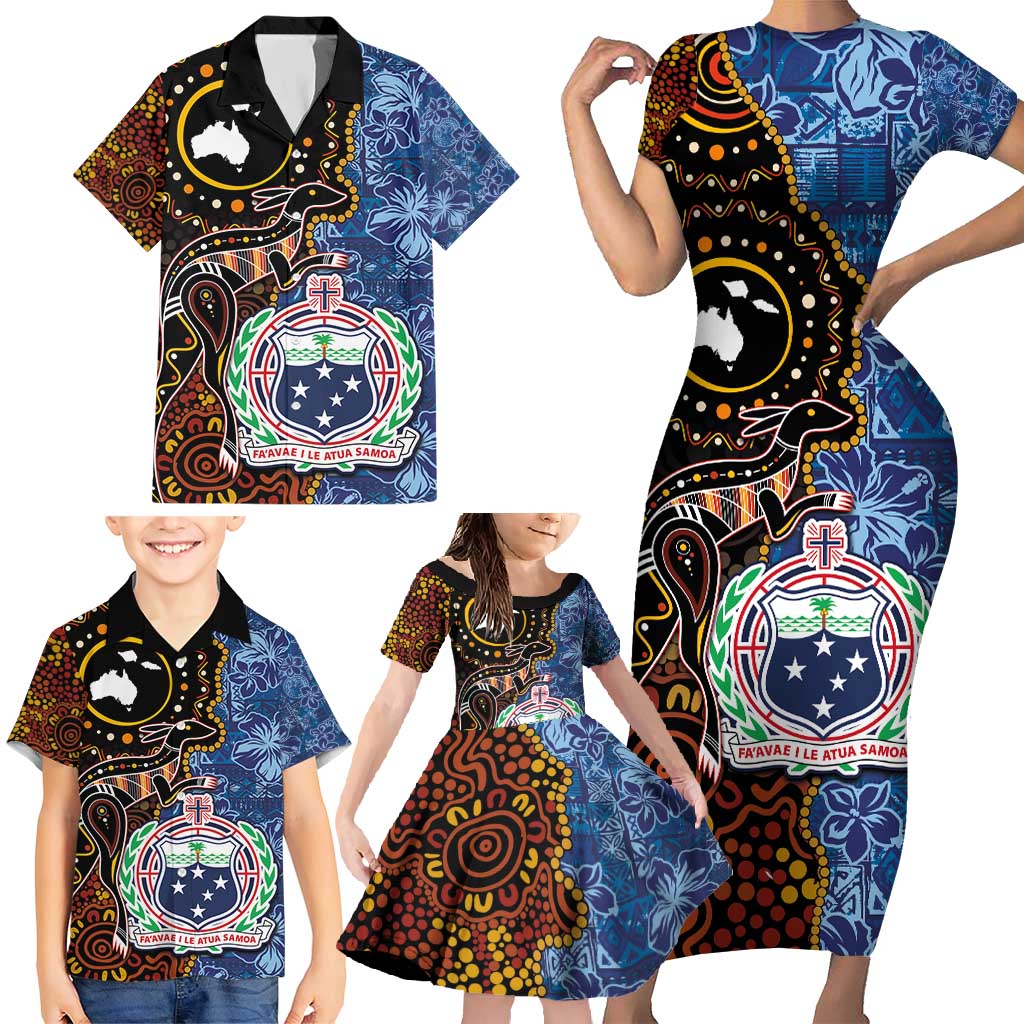 Samoa and Australia Together Family Matching Short Sleeve Bodycon Dress and Hawaiian Shirt Kangaroo and Tribal Hibiscus Aboriginal Pattern LT03 - Polynesian Pride
