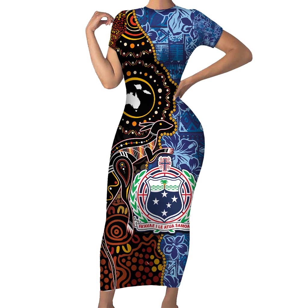 Samoa and Australia Together Family Matching Short Sleeve Bodycon Dress and Hawaiian Shirt Kangaroo and Tribal Hibiscus Aboriginal Pattern LT03 Mom's Dress Blue - Polynesian Pride