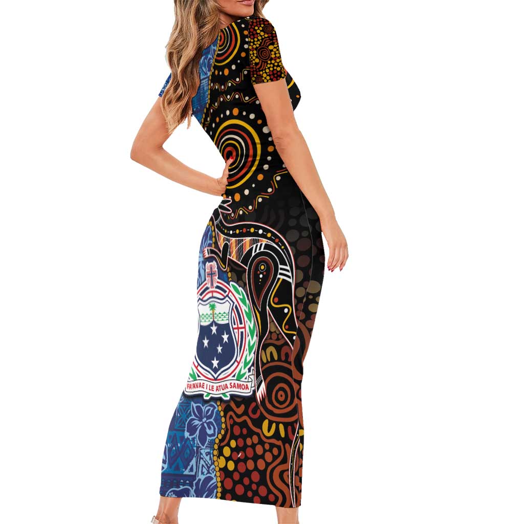 Samoa and Australia Together Family Matching Short Sleeve Bodycon Dress and Hawaiian Shirt Kangaroo and Tribal Hibiscus Aboriginal Pattern LT03 - Polynesian Pride