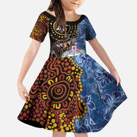 Samoa and Australia Together Family Matching Summer Maxi Dress and Hawaiian Shirt Kangaroo and Tribal Hibiscus Aboriginal Pattern LT03 Daughter's Dress Blue - Polynesian Pride