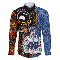 Samoa and Australia Together Family Matching Summer Maxi Dress and Hawaiian Shirt Kangaroo and Tribal Hibiscus Aboriginal Pattern LT03 Dad's Shirt - Long Sleeve Blue - Polynesian Pride
