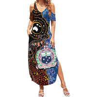 Samoa and Australia Together Family Matching Summer Maxi Dress and Hawaiian Shirt Kangaroo and Tribal Hibiscus Aboriginal Pattern LT03 Mom's Dress Blue - Polynesian Pride