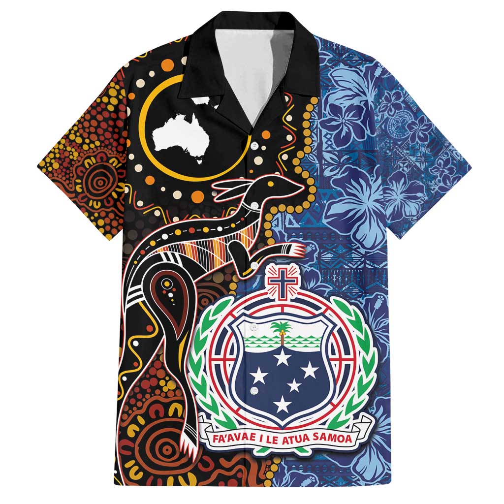 Samoa and Australia Together Family Matching Tank Maxi Dress and Hawaiian Shirt Kangaroo and Tribal Hibiscus Aboriginal Pattern LT03 Dad's Shirt - Short Sleeve Blue - Polynesian Pride