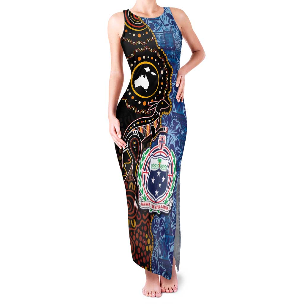 Samoa and Australia Together Family Matching Tank Maxi Dress and Hawaiian Shirt Kangaroo and Tribal Hibiscus Aboriginal Pattern LT03 Mom's Dress Blue - Polynesian Pride