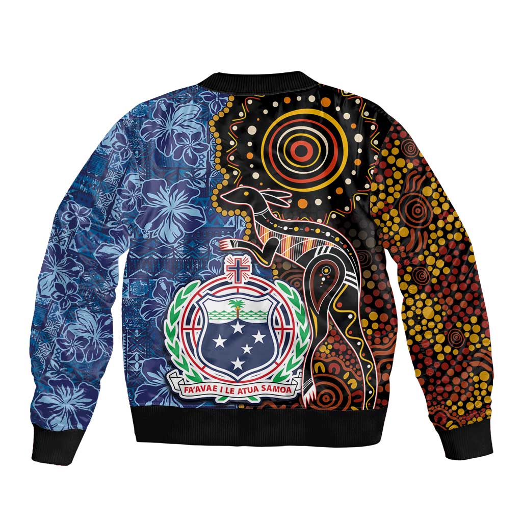Samoa and Australia Together Sleeve Zip Bomber Jacket Kangaroo and Tribal Hibiscus Aboriginal Pattern