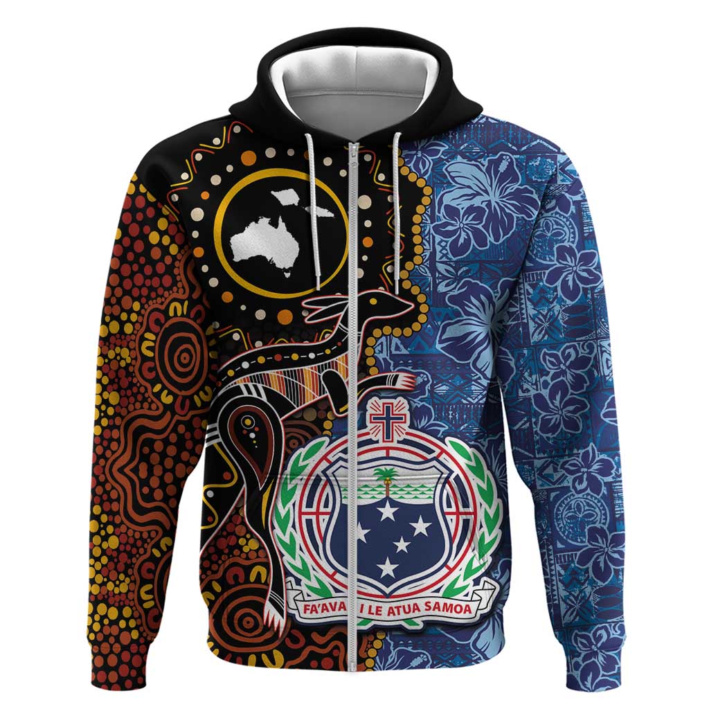 Samoa and Australia Together Zip Hoodie Kangaroo and Tribal Hibiscus Aboriginal Pattern LT03 Zip Hoodie Blue - Polynesian Pride