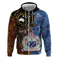 Samoa and Australia Together Zip Hoodie Kangaroo and Tribal Hibiscus Aboriginal Pattern LT03 Zip Hoodie Blue - Polynesian Pride
