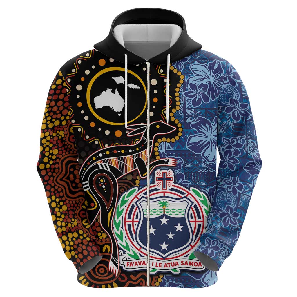 Samoa and Australia Together Zip Hoodie Kangaroo and Tribal Hibiscus Aboriginal Pattern LT03 - Polynesian Pride