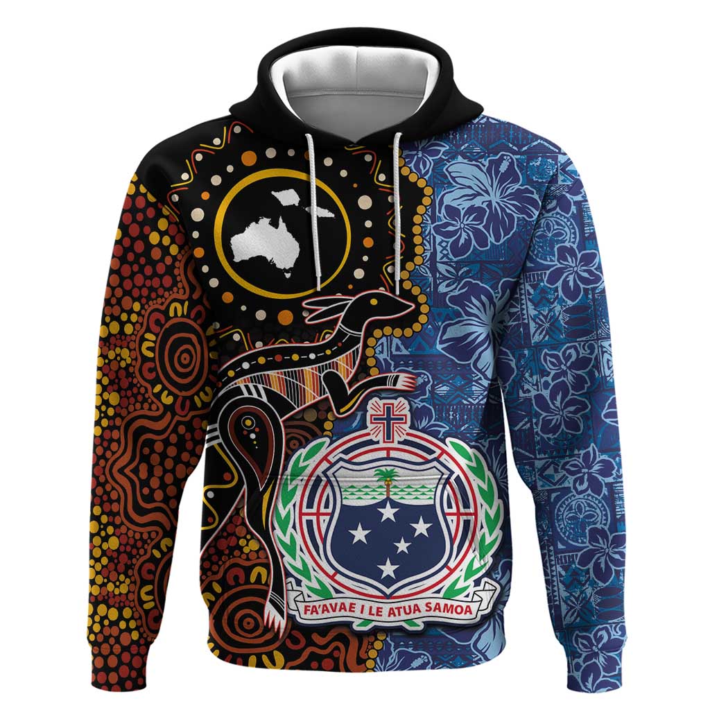Samoa and Australia Together Zip Hoodie Kangaroo and Tribal Hibiscus Aboriginal Pattern LT03 Pullover Hoodie Blue - Polynesian Pride