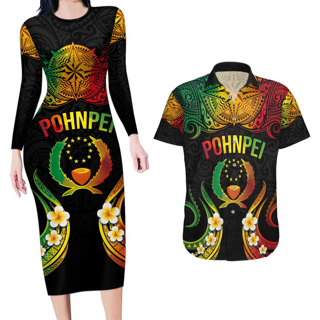 Personalised Pohnpei Independence Day Couples Matching Long Sleeve Bodycon Dress and Hawaiian Shirt Polynesian Tattoo and Plumeria Reggae Color LT03 Reggae - Polynesian Pride