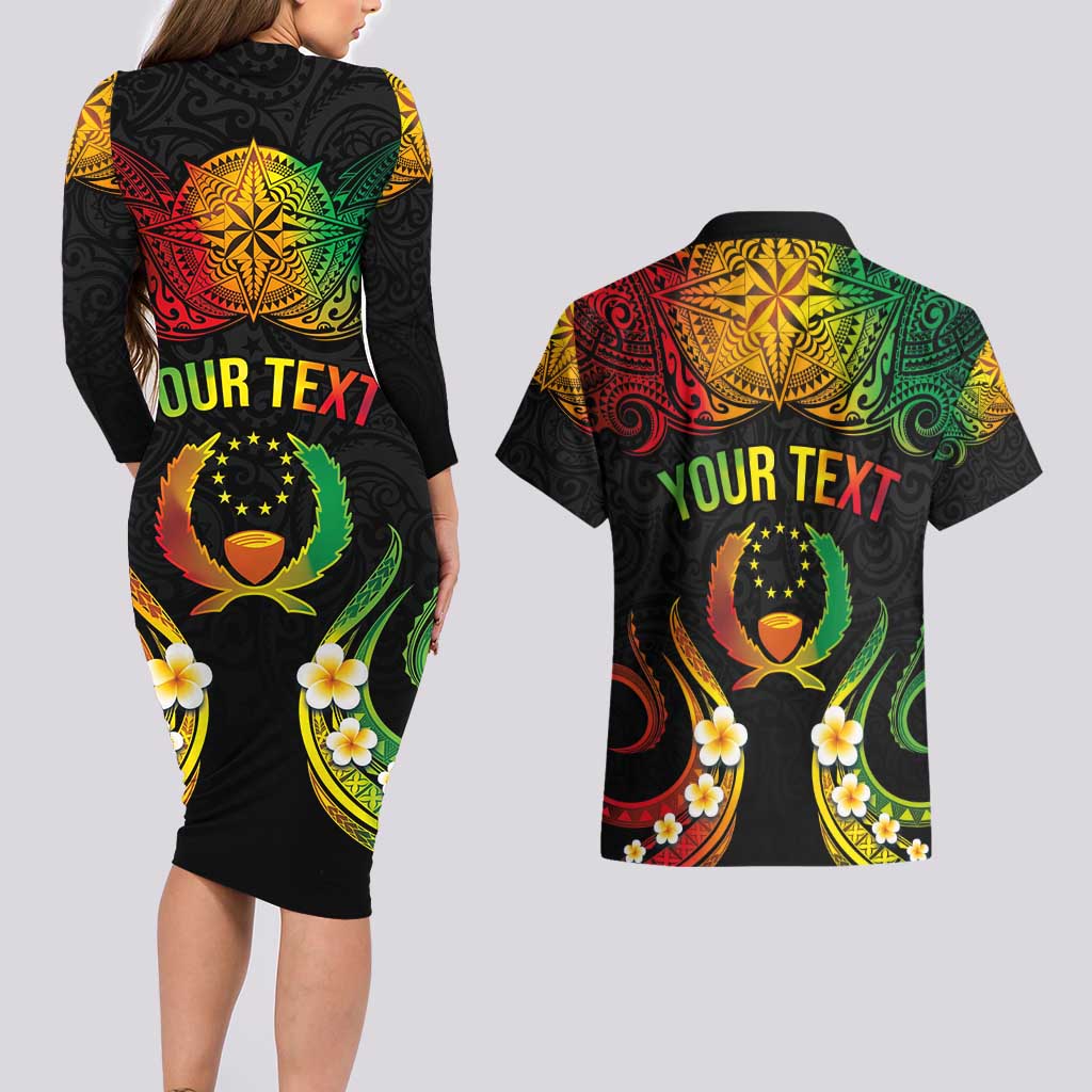 Personalised Pohnpei Independence Day Couples Matching Long Sleeve Bodycon Dress and Hawaiian Shirt Polynesian Tattoo and Plumeria Reggae Color LT03 - Polynesian Pride