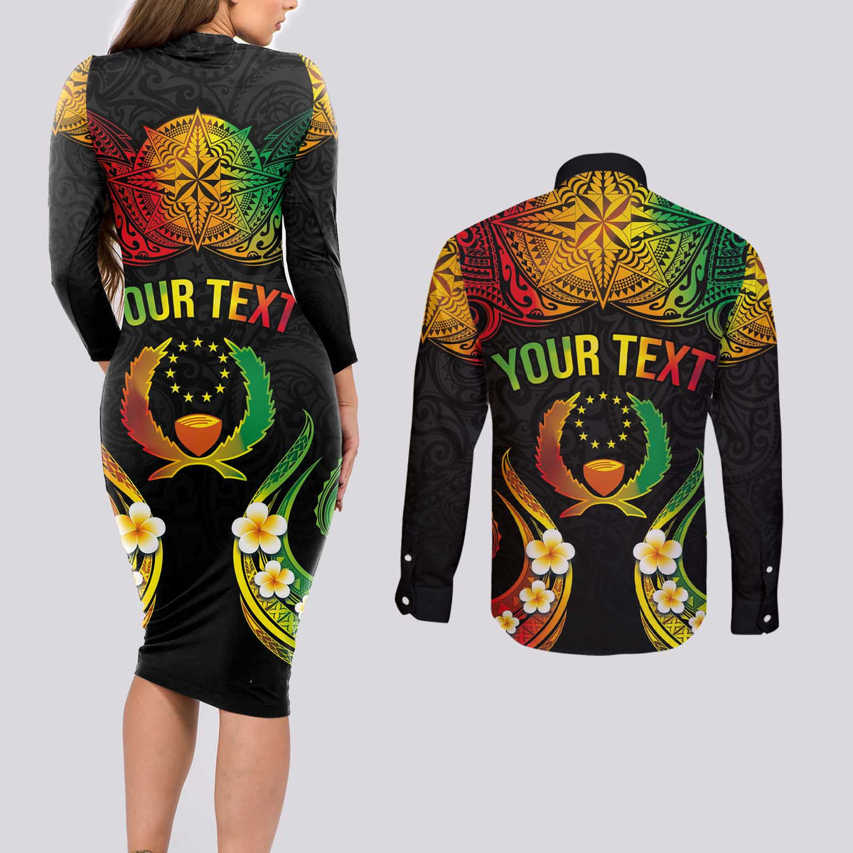 Personalised Pohnpei Independence Day Couples Matching Long Sleeve Bodycon Dress and Long Sleeve Button Shirt Polynesian Tattoo and Plumeria Reggae Color LT03 - Polynesian Pride