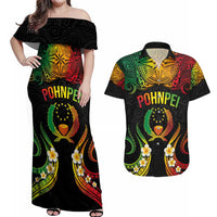 Personalised Pohnpei Independence Day Couples Matching Off Shoulder Maxi Dress and Hawaiian Shirt Polynesian Tattoo and Plumeria Reggae Color LT03 Reggae - Polynesian Pride