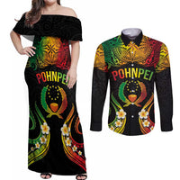 Personalised Pohnpei Independence Day Couples Matching Off Shoulder Maxi Dress and Long Sleeve Button Shirt Polynesian Tattoo and Plumeria Reggae Color LT03 Reggae - Polynesian Pride
