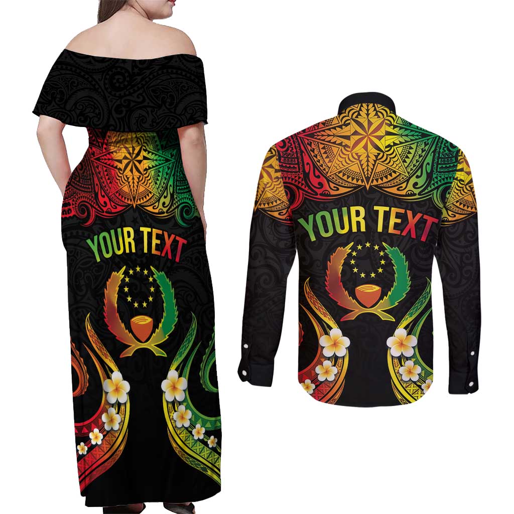 Personalised Pohnpei Independence Day Couples Matching Off Shoulder Maxi Dress and Long Sleeve Button Shirt Polynesian Tattoo and Plumeria Reggae Color LT03 - Polynesian Pride