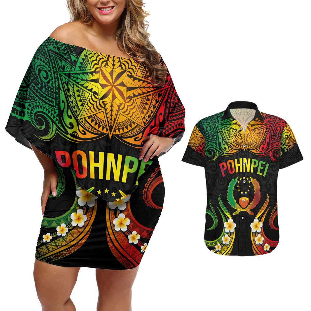 Personalised Pohnpei Independence Day Couples Matching Off Shoulder Short Dress and Hawaiian Shirt Polynesian Tattoo and Plumeria Reggae Color LT03 Reggae - Polynesian Pride