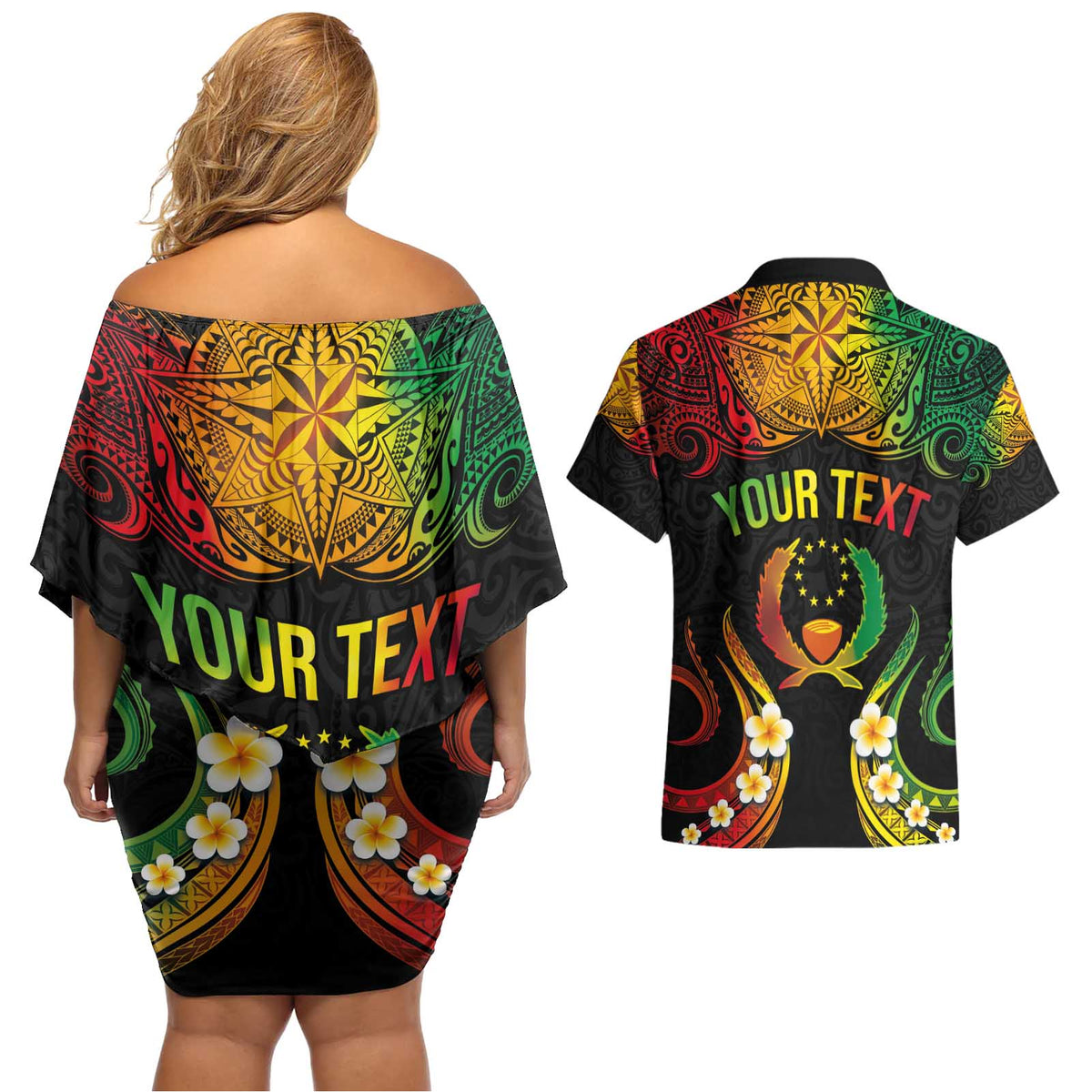 Personalised Pohnpei Independence Day Couples Matching Off Shoulder Short Dress and Hawaiian Shirt Polynesian Tattoo and Plumeria Reggae Color LT03 - Polynesian Pride