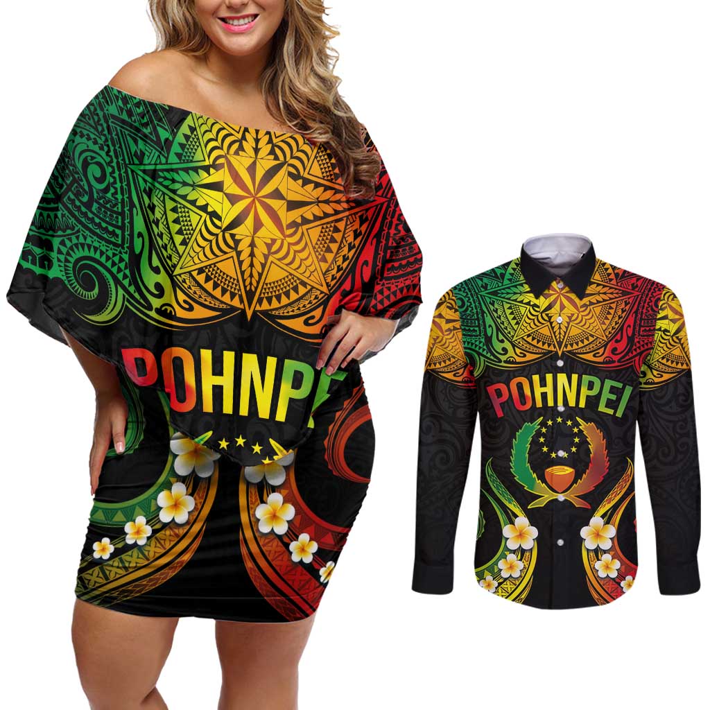 Personalised Pohnpei Independence Day Couples Matching Off Shoulder Short Dress and Long Sleeve Button Shirt Polynesian Tattoo and Plumeria Reggae Color LT03 Reggae - Polynesian Pride