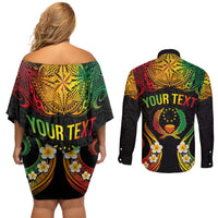 Personalised Pohnpei Independence Day Couples Matching Off Shoulder Short Dress and Long Sleeve Button Shirt Polynesian Tattoo and Plumeria Reggae Color LT03 - Polynesian Pride