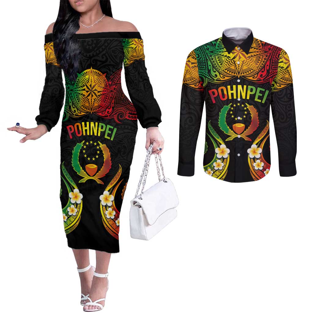 Personalised Pohnpei Independence Day Couples Matching Off The Shoulder Long Sleeve Dress and Long Sleeve Button Shirt Polynesian Tattoo and Plumeria Reggae Color LT03 Reggae - Polynesian Pride