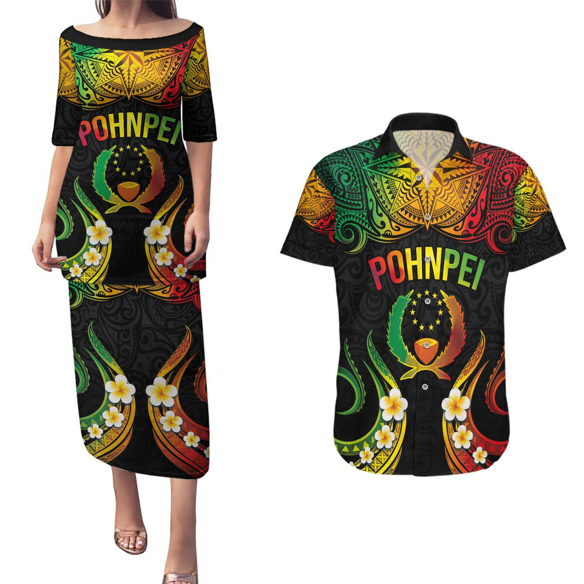 Personalised Pohnpei Independence Day Couples Matching Puletasi and Hawaiian Shirt Polynesian Tattoo and Plumeria Reggae Color LT03 Reggae - Polynesian Pride