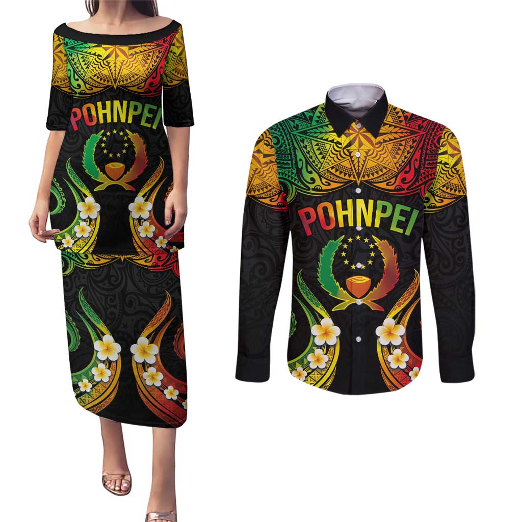 Personalised Pohnpei Independence Day Couples Matching Puletasi and Long Sleeve Button Shirt Polynesian Tattoo and Plumeria Reggae Color LT03 Reggae - Polynesian Pride