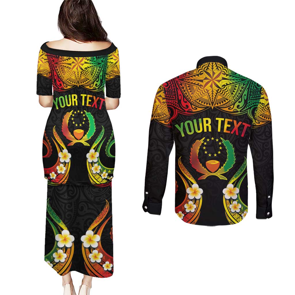 Personalised Pohnpei Independence Day Couples Matching Puletasi and Long Sleeve Button Shirt Polynesian Tattoo and Plumeria Reggae Color LT03 - Polynesian Pride