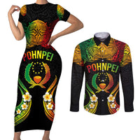 Personalised Pohnpei Independence Day Couples Matching Short Sleeve Bodycon Dress and Long Sleeve Button Shirt Polynesian Tattoo and Plumeria Reggae Color LT03 Reggae - Polynesian Pride