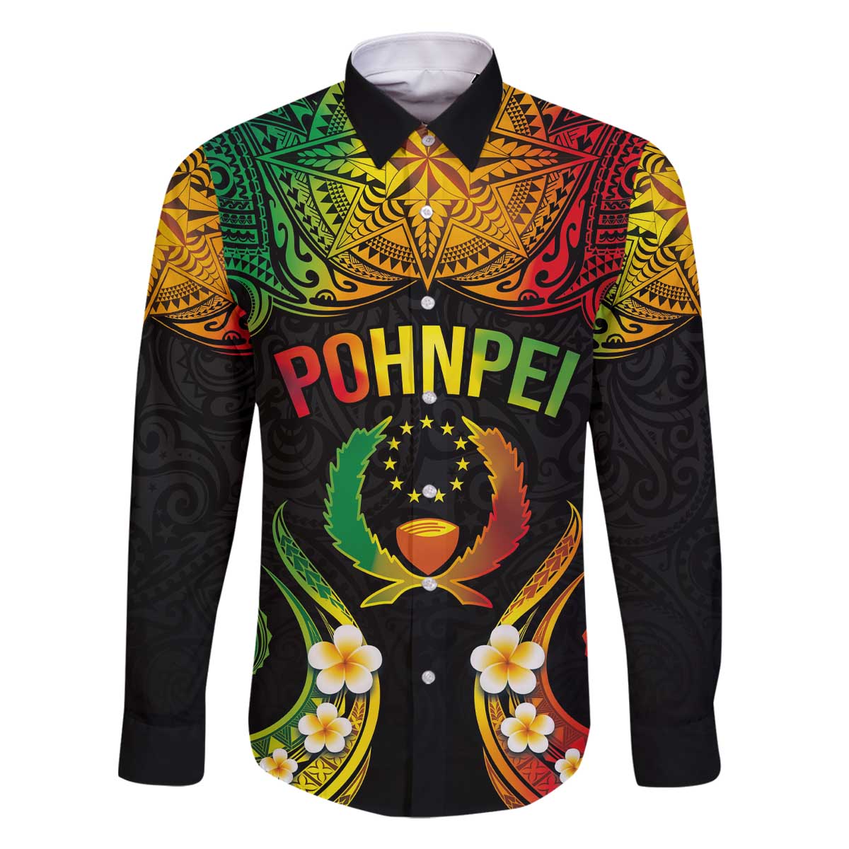 Personalised Pohnpei Independence Day Family Matching Off The Shoulder Long Sleeve Dress and Hawaiian Shirt Polynesian Tattoo and Plumeria Reggae Color LT03 Dad's Shirt - Long Sleeve Reggae - Polynesian Pride