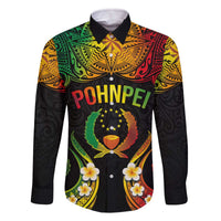 Personalised Pohnpei Independence Day Family Matching Off The Shoulder Long Sleeve Dress and Hawaiian Shirt Polynesian Tattoo and Plumeria Reggae Color LT03 Dad's Shirt - Long Sleeve Reggae - Polynesian Pride