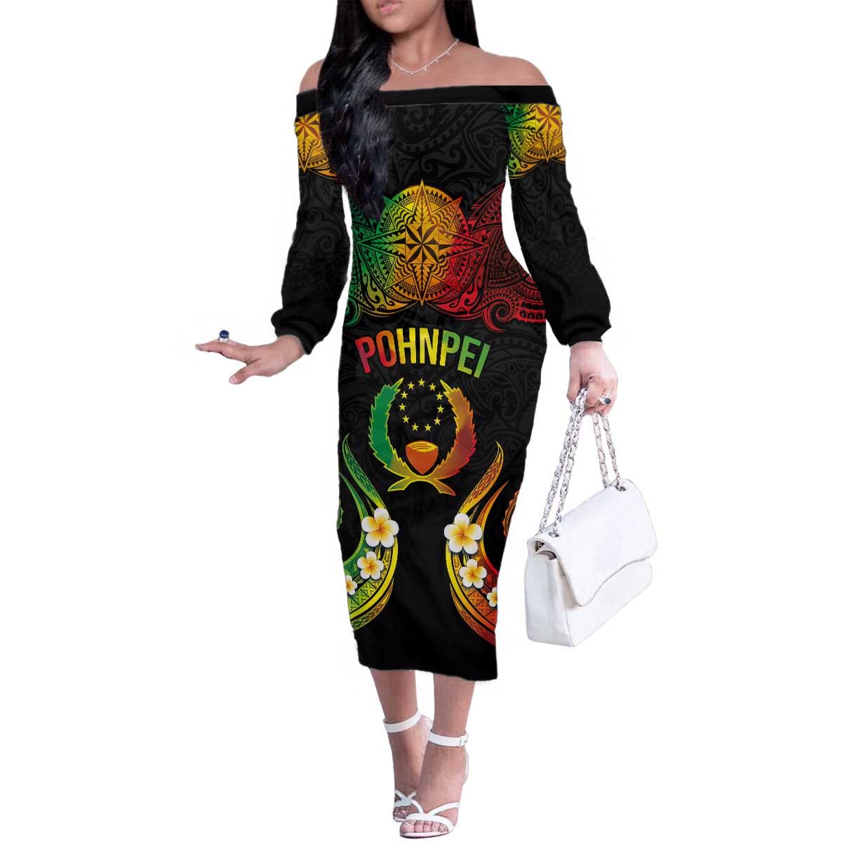 Personalised Pohnpei Independence Day Family Matching Off The Shoulder Long Sleeve Dress and Hawaiian Shirt Polynesian Tattoo and Plumeria Reggae Color LT03 Mom's Dress Reggae - Polynesian Pride