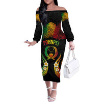 Personalised Pohnpei Independence Day Family Matching Off The Shoulder Long Sleeve Dress and Hawaiian Shirt Polynesian Tattoo and Plumeria Reggae Color LT03 Mom's Dress Reggae - Polynesian Pride