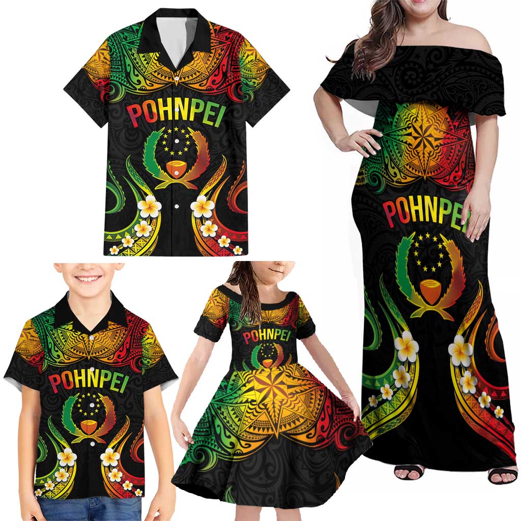 Personalised Pohnpei Independence Day Family Matching Off Shoulder Maxi Dress and Hawaiian Shirt Polynesian Tattoo and Plumeria Reggae Color LT03 - Polynesian Pride